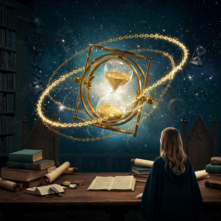 Wizarding World Time-Turner glowing in magical time travel with Harry Potter book secrets.