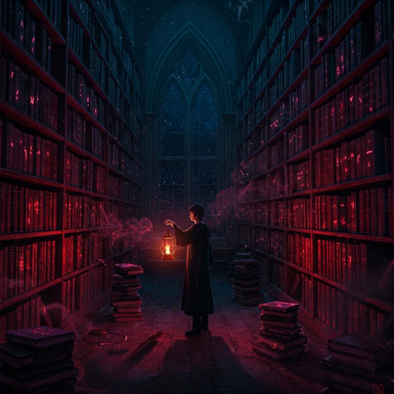 Hogwarts Library Restricted Section with forbidden books and dark magic Harry Potter book secrets.