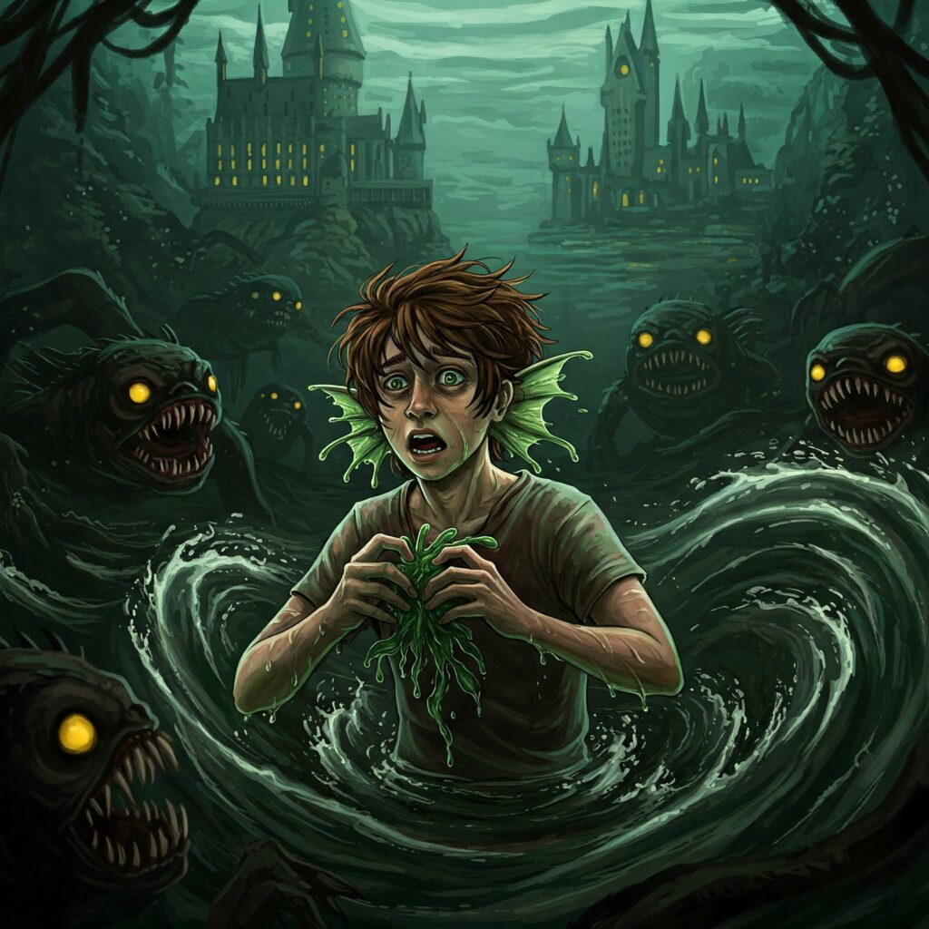 Harry Potter Gillyweed transformation in Black Lake with magical plants and wizarding world magic.