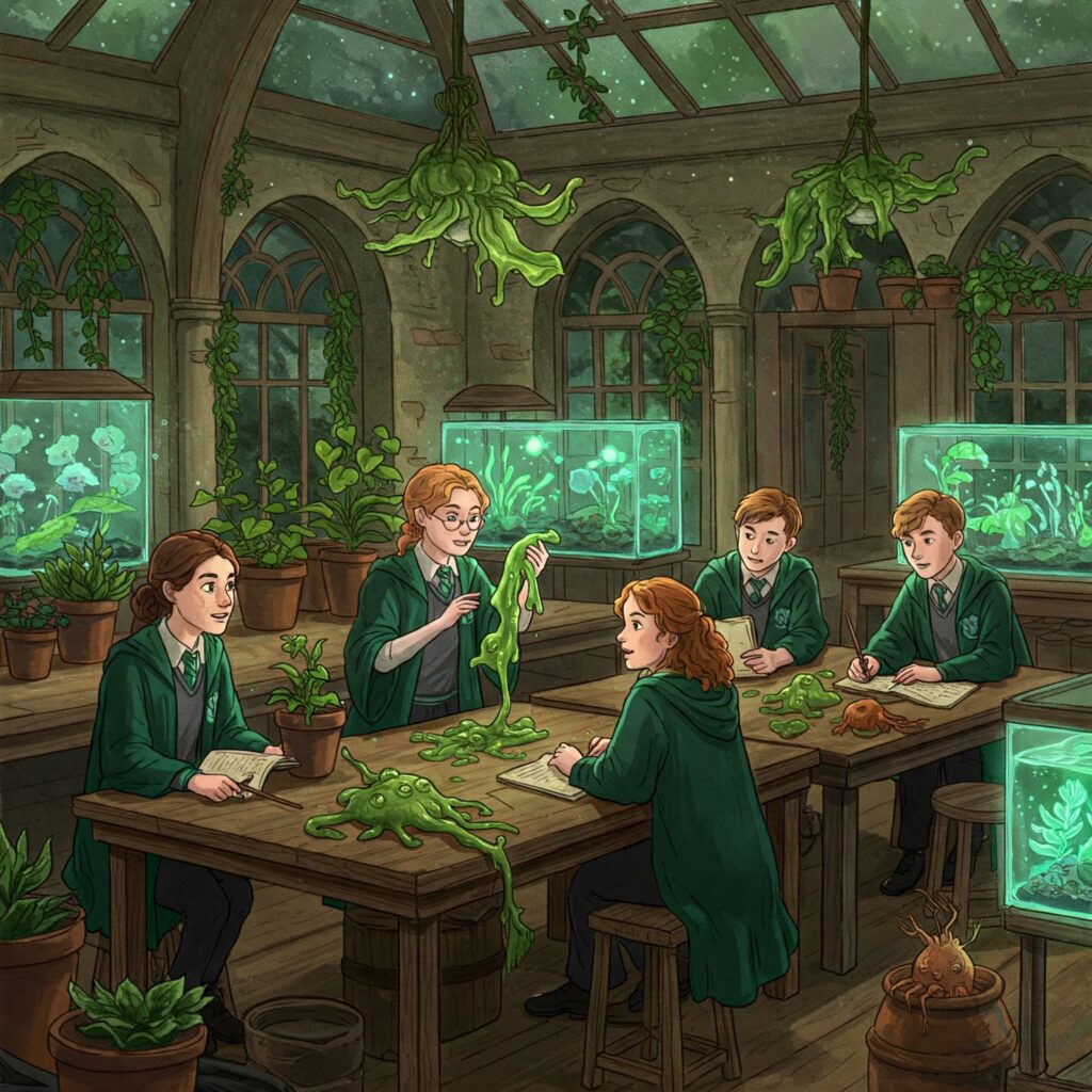 Harry Potter Gillyweed in herbology class with magical plants and wizarding world magic.