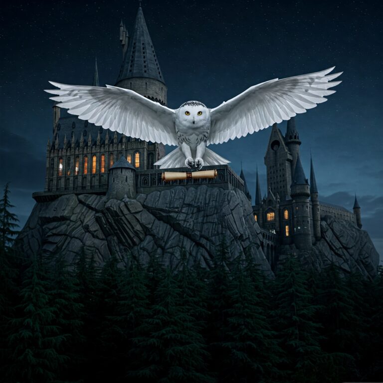 Wizarding World Owls with Hedwig in magical communication over Hogwarts Harry Potter book secrets.