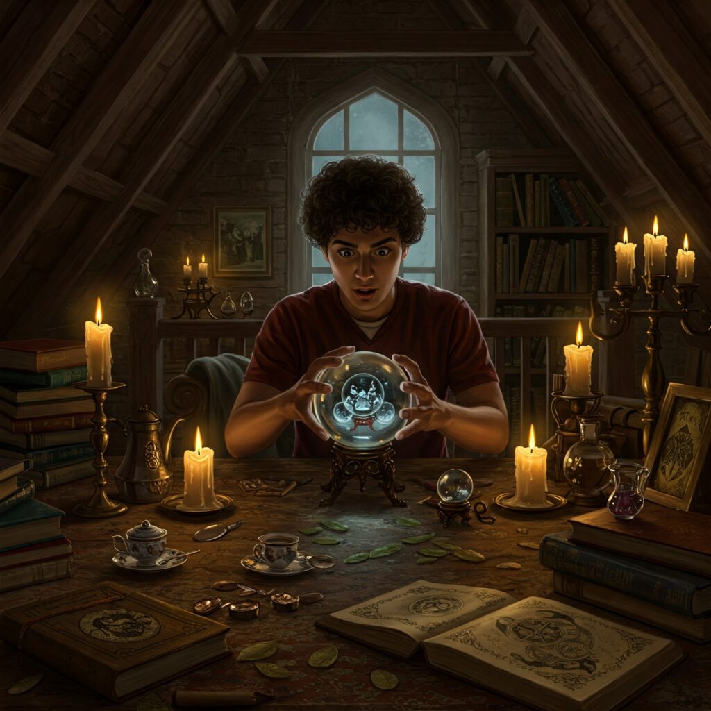 Harry Potter Prophecy Trelawney divination magic classroom Harry Potter book secrets.