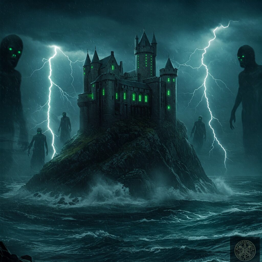 Azkaban fortress at night with Dementors, green lights, and stormy seas under lightning.