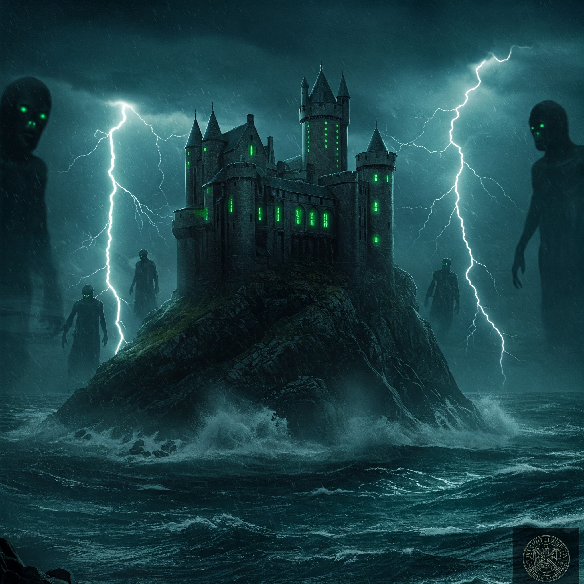 Azkaban fortress at night with Dementors, green lights, and stormy seas under lightning.
