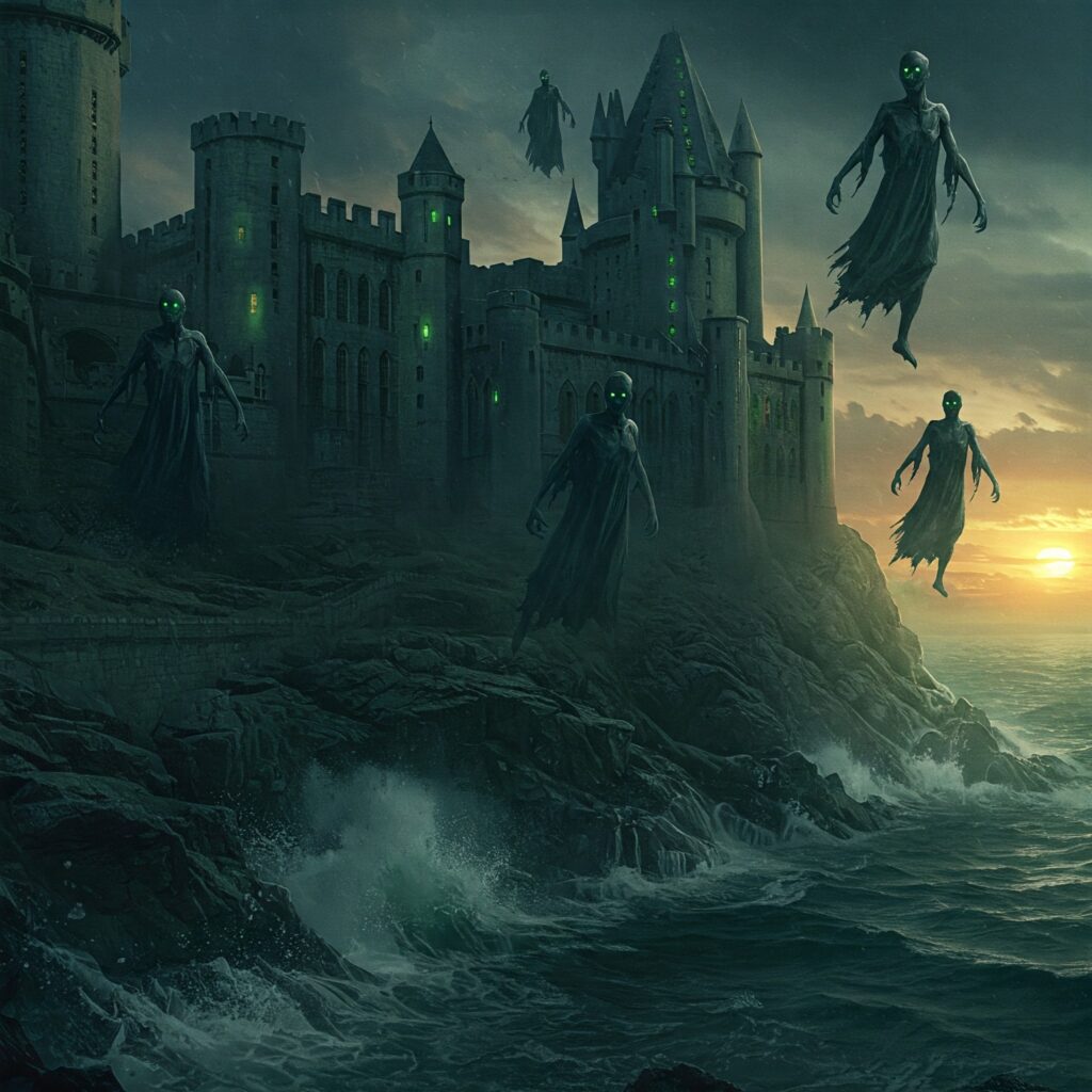 Dementors patrolling Azkaban fortress at dusk with glowing green eyes and stormy seas.