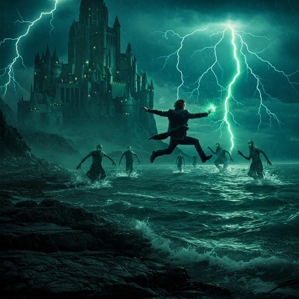 Sirius Black escaping Azkaban as a dog with Dementors chasing under a lightning-struck sky.