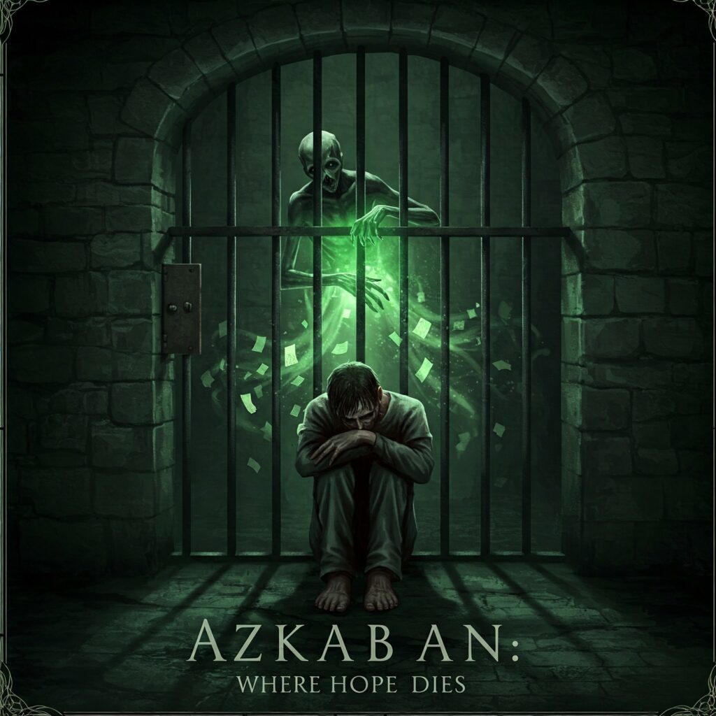 Prisoner in Azkaban cell with Dementor draining memories under eerie green light.