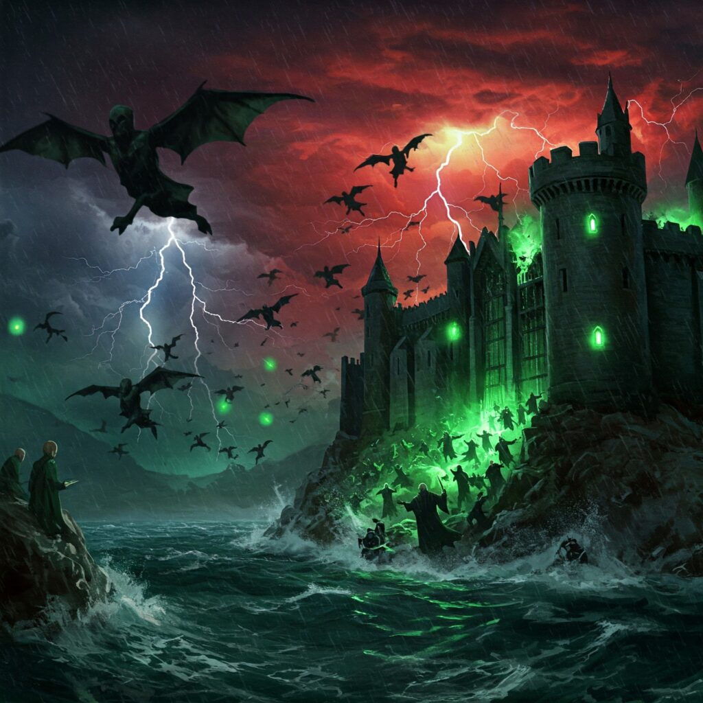 Azkaban mass breakout with Death Eaters and Dementors under a chaotic, lightning-filled sky.