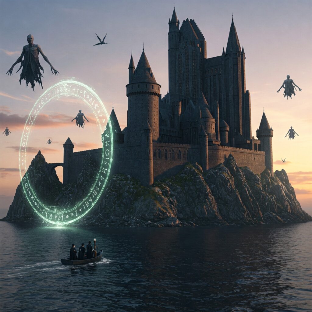 Modern Azkaban fortress at dawn with Dementors and Ministry boat for Harry Potter TV series.