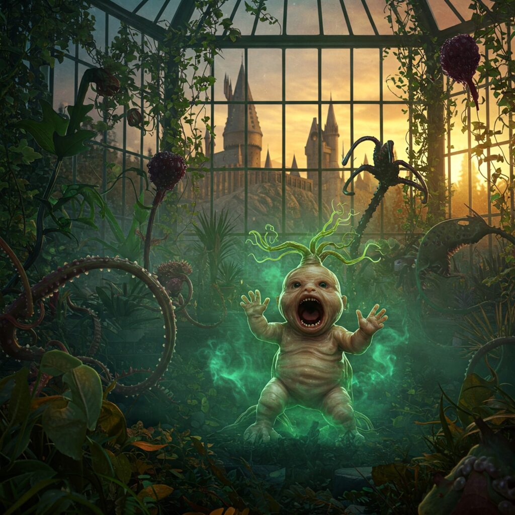 Hogwarts greenhouse with screaming Mandrake, Venomous Tentacula, and Devil’s Snare at sunset.