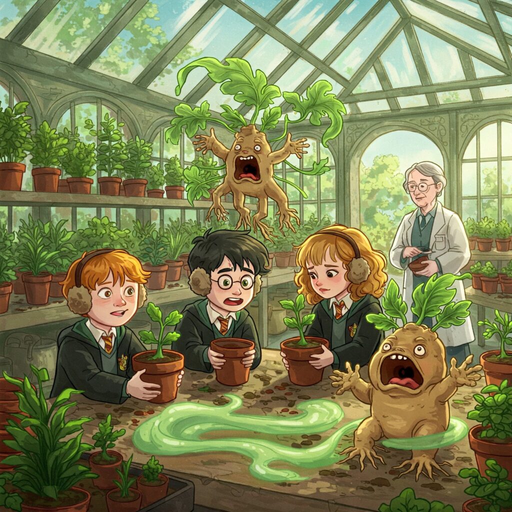 Hogwarts Herbology class with students repotting screaming Mandrakes in greenhouse.