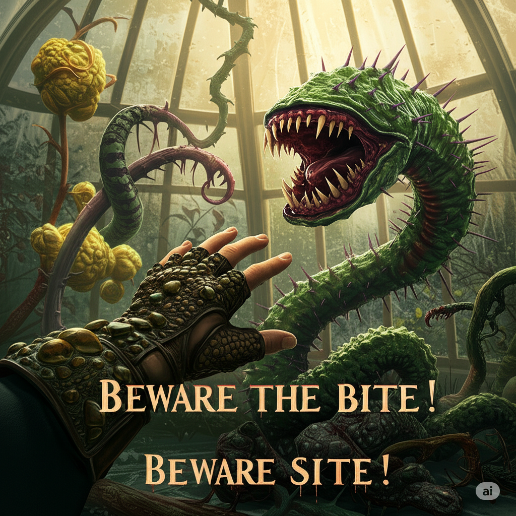 Venomous Tentacula reaching for student in Hogwarts greenhouse with dragon-hide gloves.