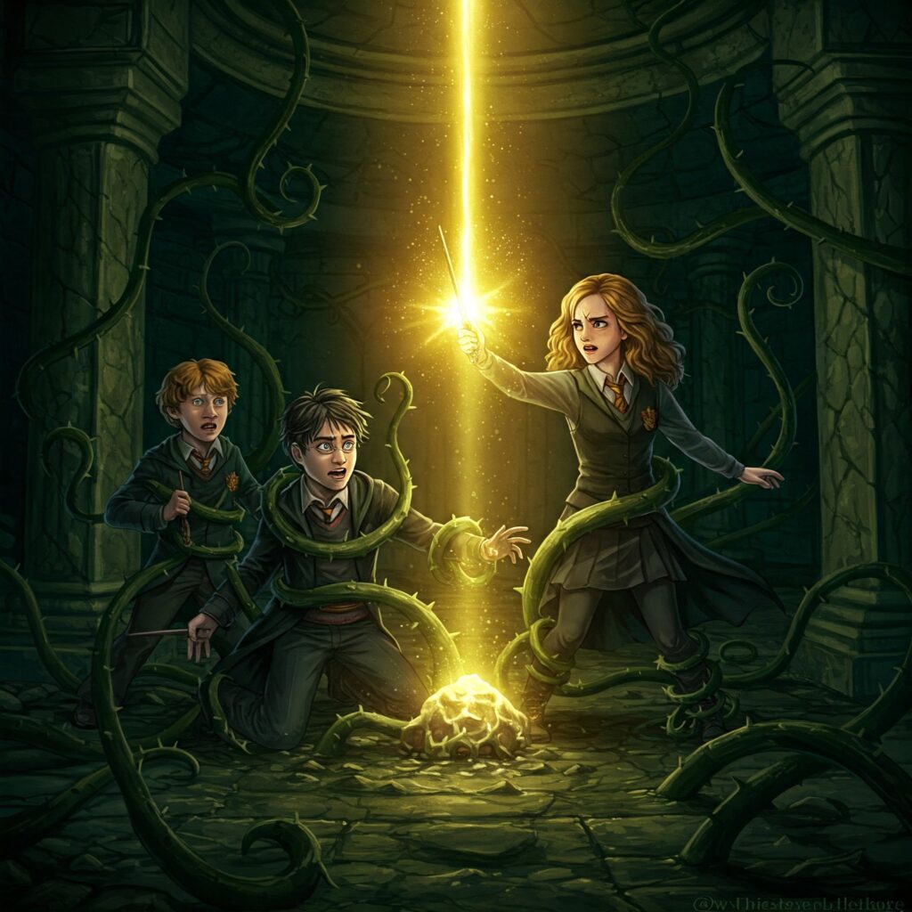 Harry, Ron, and Hermione trapped by Devil’s Snare with Hermione casting Lumos Solem.