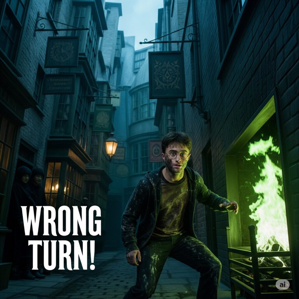 Harry Potter in Knockturn Alley after Floo Network mishap with green flames.