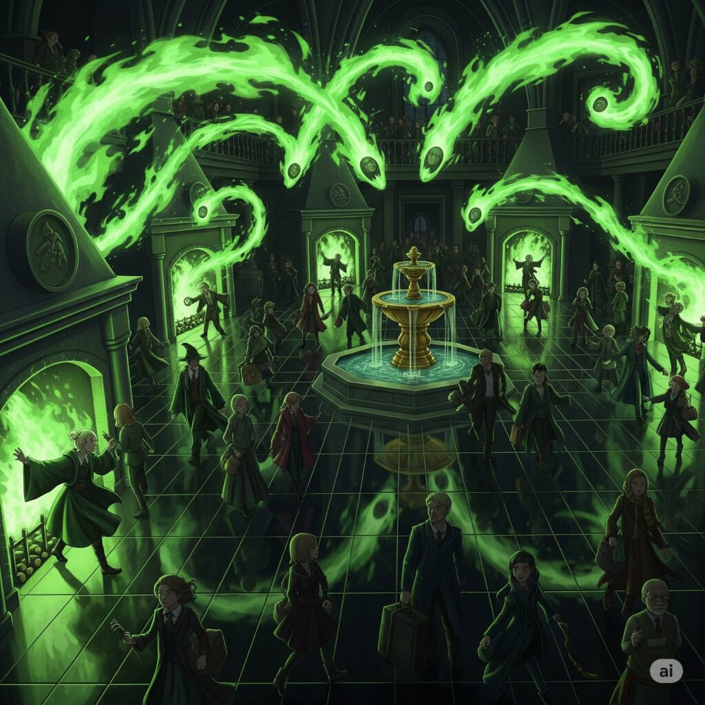 Ministry of Magic Atrium with wizards using Floo Network in chaotic rush.