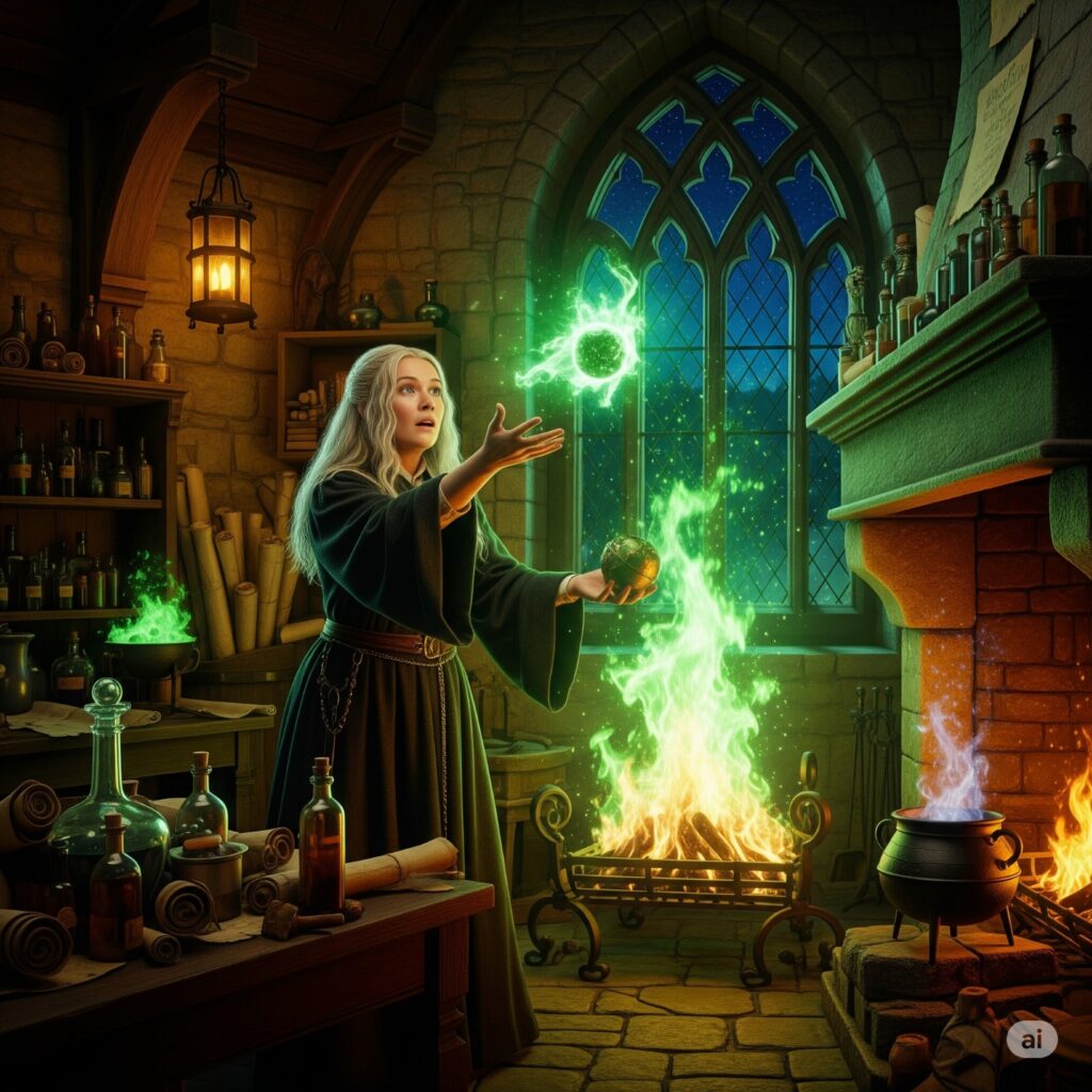 Ignatia Wildsmith inventing Floo Powder in medieval workshop with green flames.