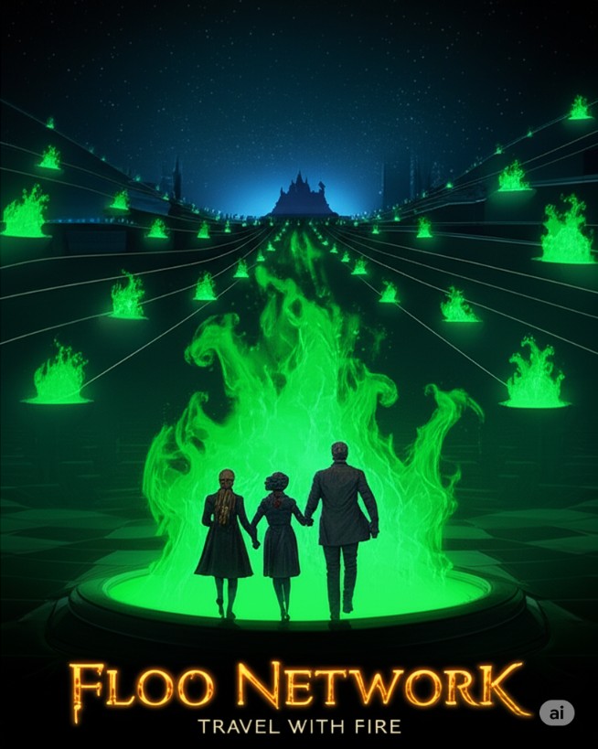 Wizarding family using Floo Network for Harry Potter TV series with glowing fireplaces.
