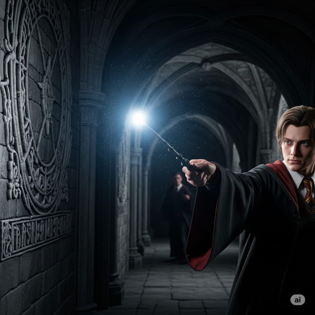Wizard casting Lumos in a dark Hogwarts corridor with glowing wand tip. practicing wizarding spells