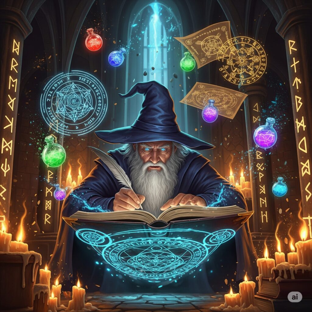 Wizard creating a new spell in floating magical spellbook with glowing runes