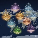 Global map showing magical trails connecting top wizarding schools including Hogwarts, Ilvermorny, and Beauxbatons