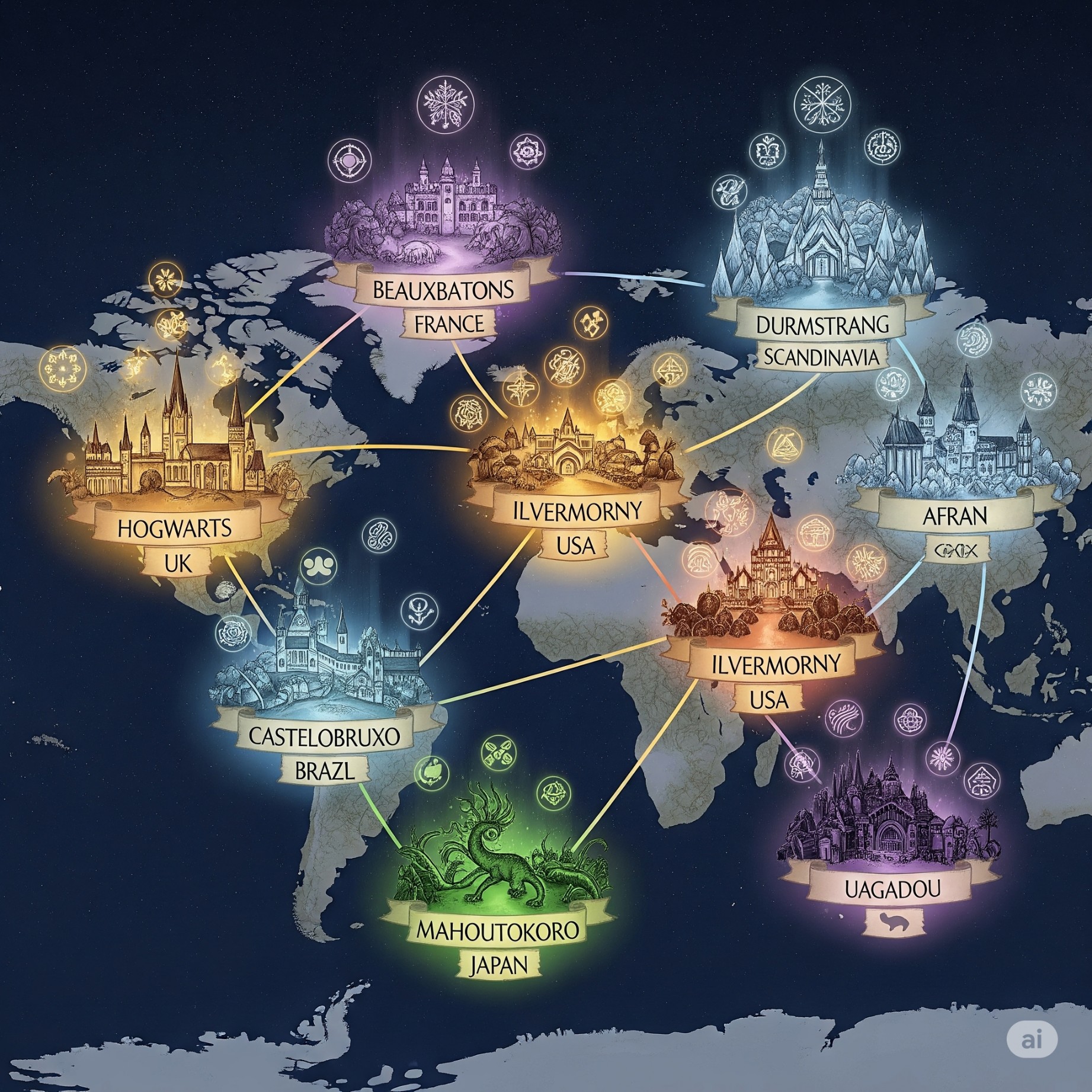 Global map showing magical trails connecting top wizarding schools including Hogwarts, Ilvermorny, and Beauxbatons
