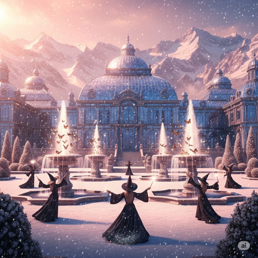 Beauxbatons Academy’s crystal palace in the French Alps with witches practicing wand ballet