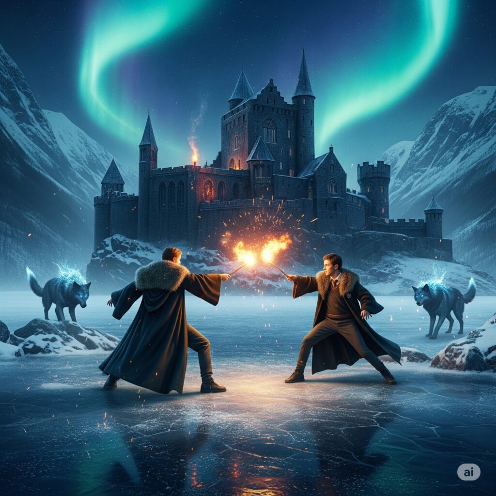 Durmstrang students dueling with fire spells on a frozen lake near their icy castle under auroras