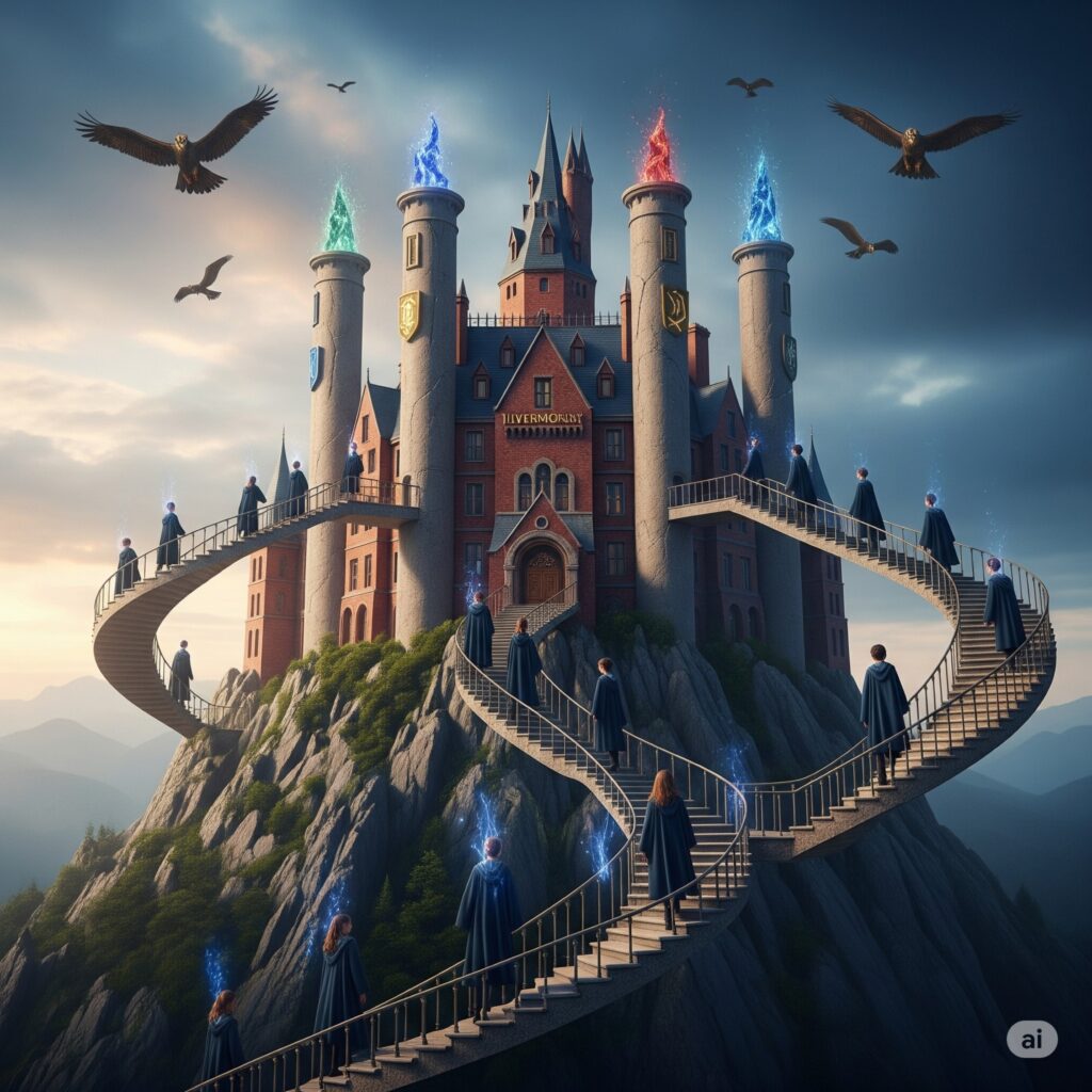 Ilvermorny School on Mount Greylock with flying Thunderbirds and glowing house statues