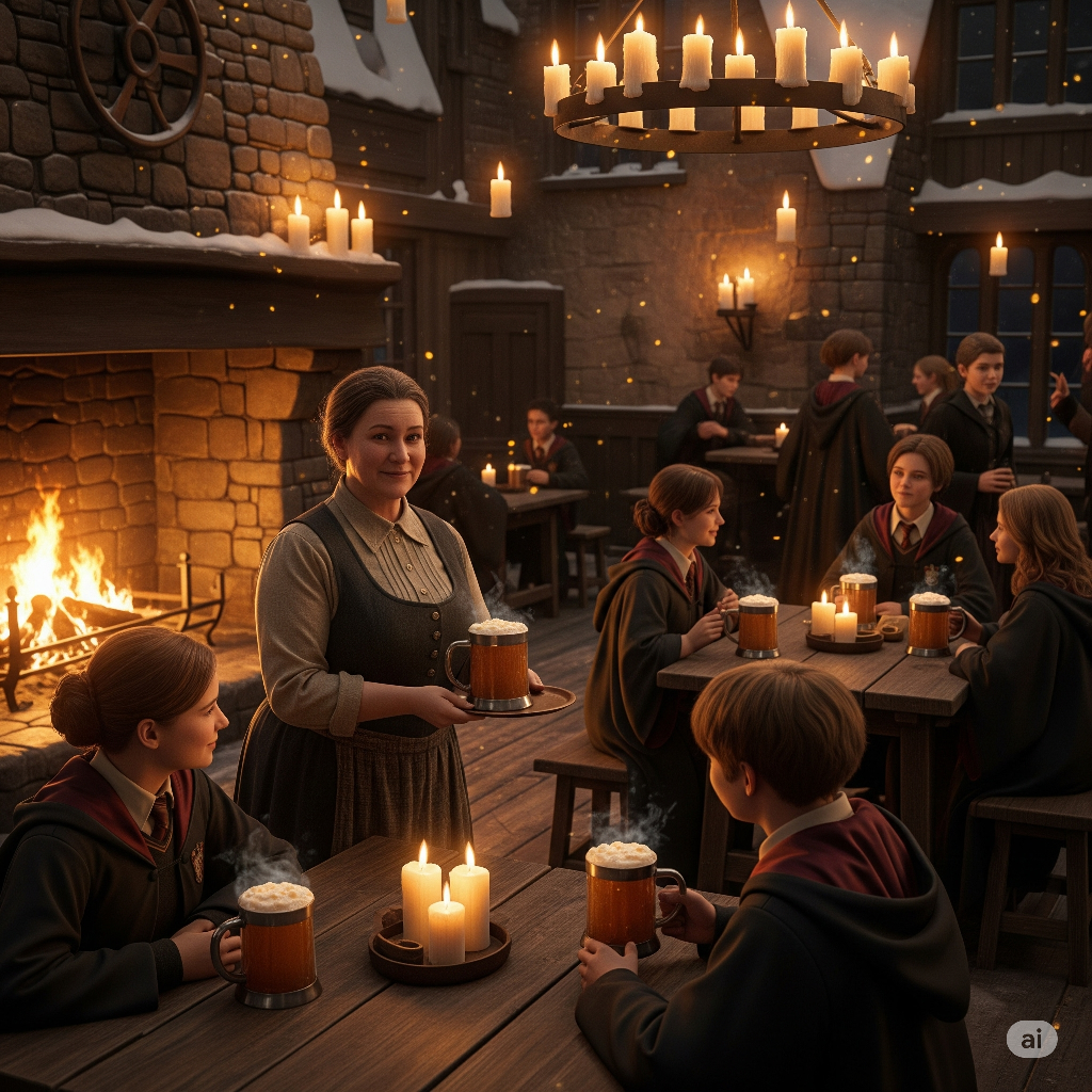 Cozy interior of Three Broomsticks with Butterbeer and firelight