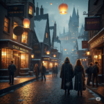 Snowy evening in Hogsmeade Village with glowing shops and magical lanterns