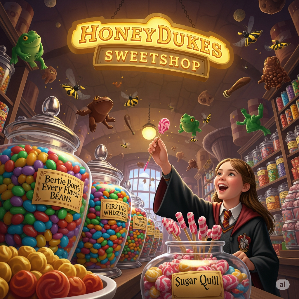 Inside Honeydukes shop with magical candies and flying sweets