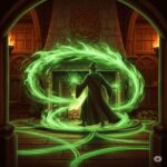 Wizard using Floo Network in fireplace with green flames and Floo Powder sparks.