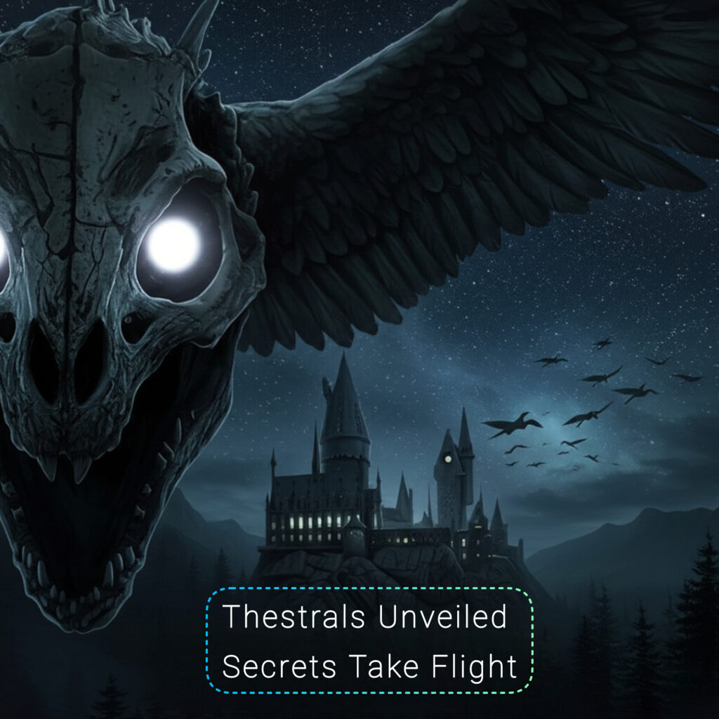 Thestral close-up with glowing eyes for Harry Potter TV series, Hogwarts in background.