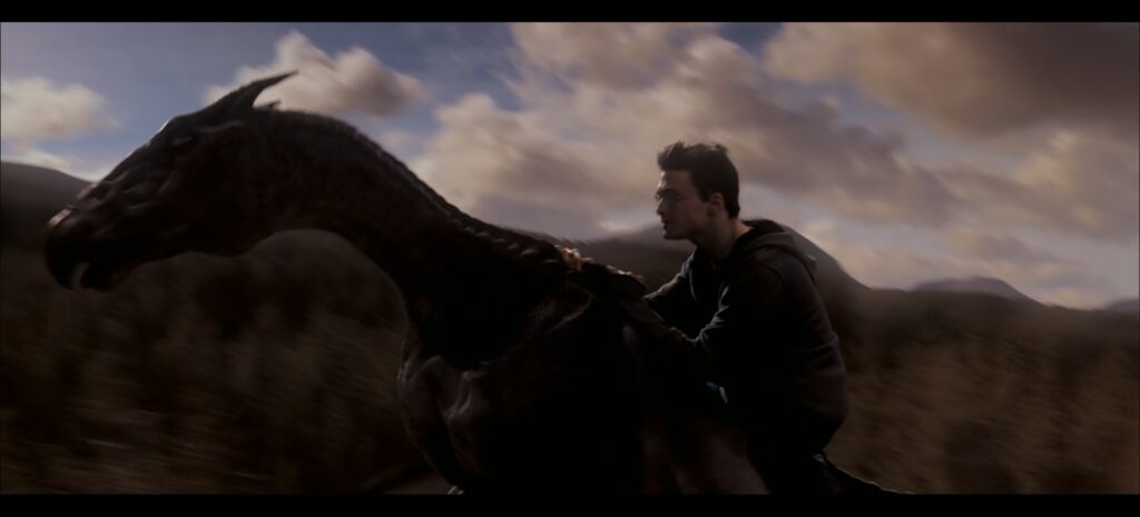 Thestrals flying with Harry Potter to Ministry of Magic in stormy sky with lightning.