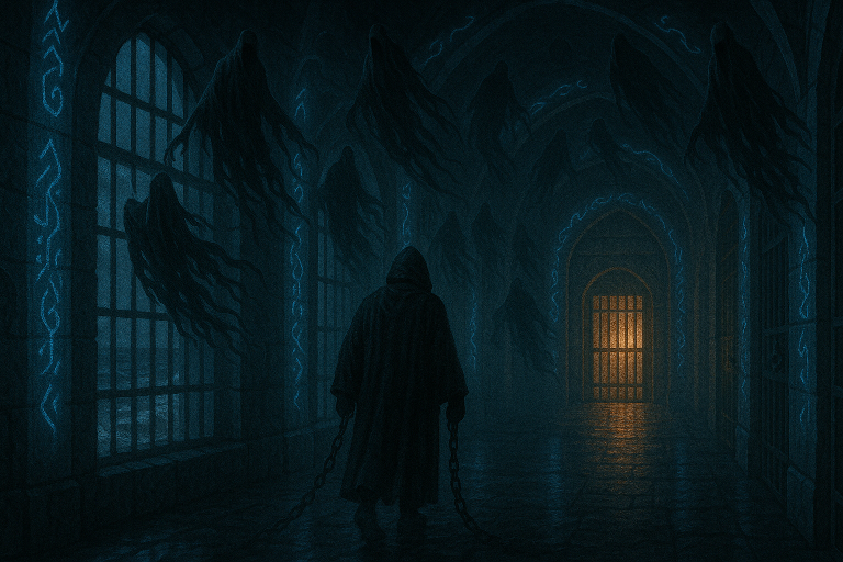 Wizarding Laws enforcement shown with prisoner walking toward Azkaban cell