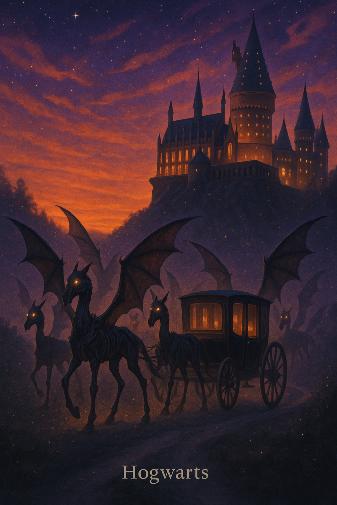 Thestrals pulling Hogwarts carriage at dusk with glowing castle in background.