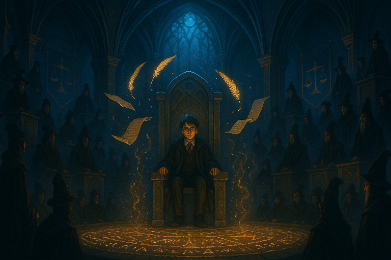 Wizarding Laws trial scene with Harry Potter in Ministry courtroom before the Wizengamot