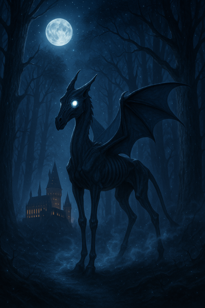 Thestral in moonlit Forbidden Forest with glowing eyes and Hogwarts in background.