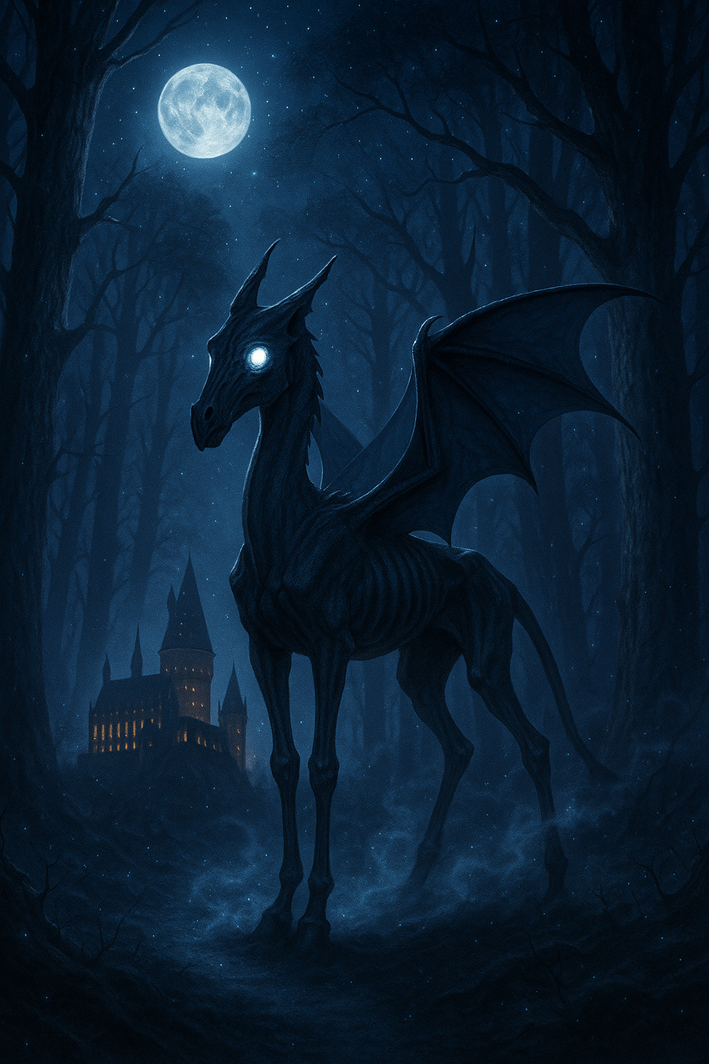 Thestral in moonlit Forbidden Forest with glowing eyes and Hogwarts in background.
