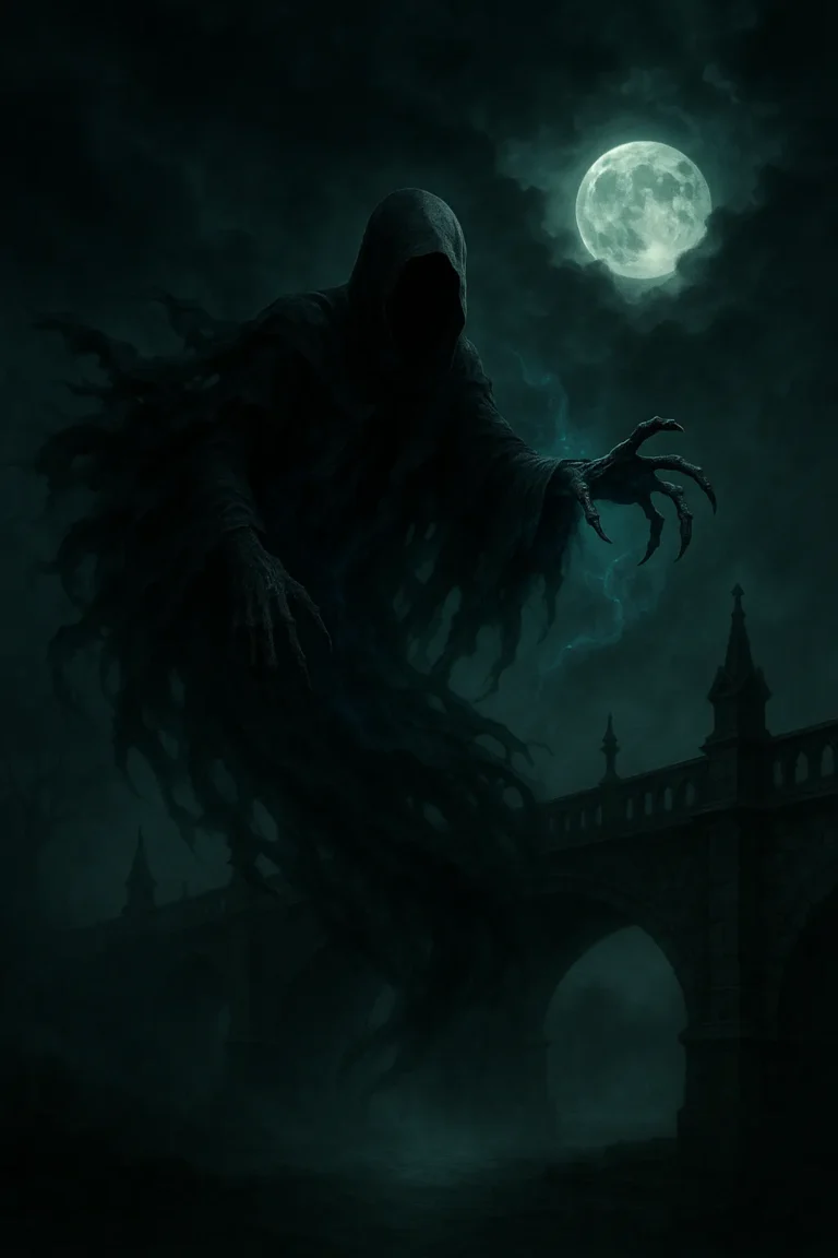 Dementor in the wizarding world floating over a haunted bridge in eerie moonlight