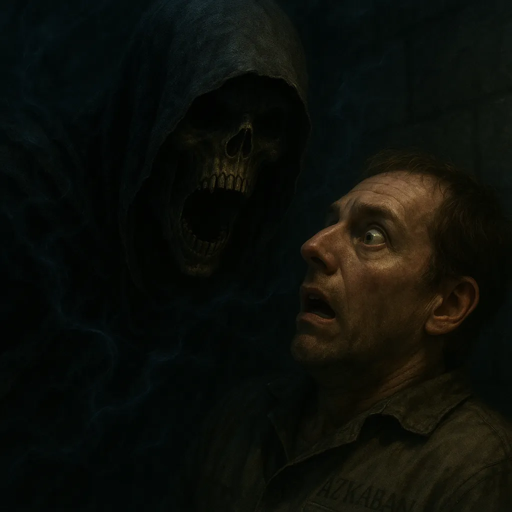 Dementor in the wizarding world performing the soul-sucking Dementorâs Kiss on a prisoner