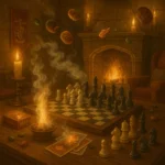 Cozy Hogwarts common room filled with magical games like wizard chess and exploding snap.