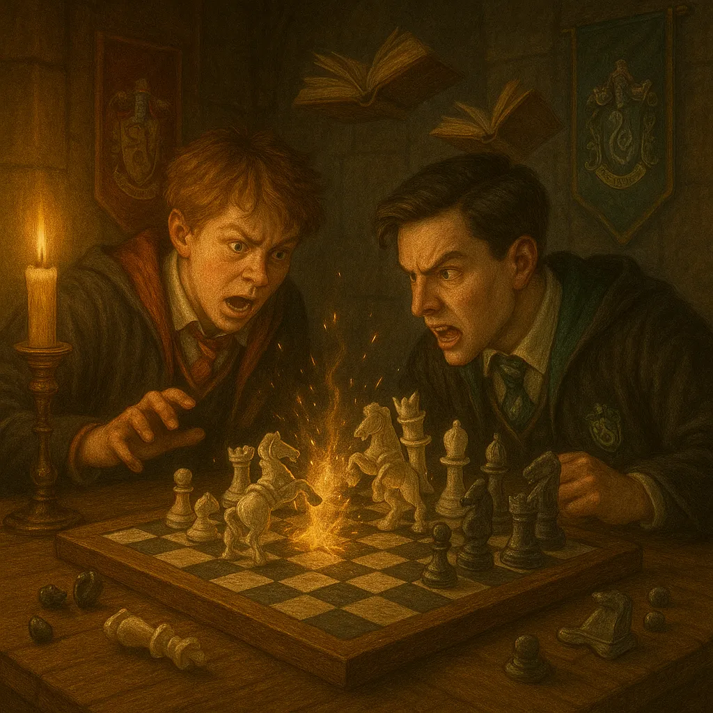 Gryffindor and Slytherin students playing wizard chess as enchanted pieces battle.