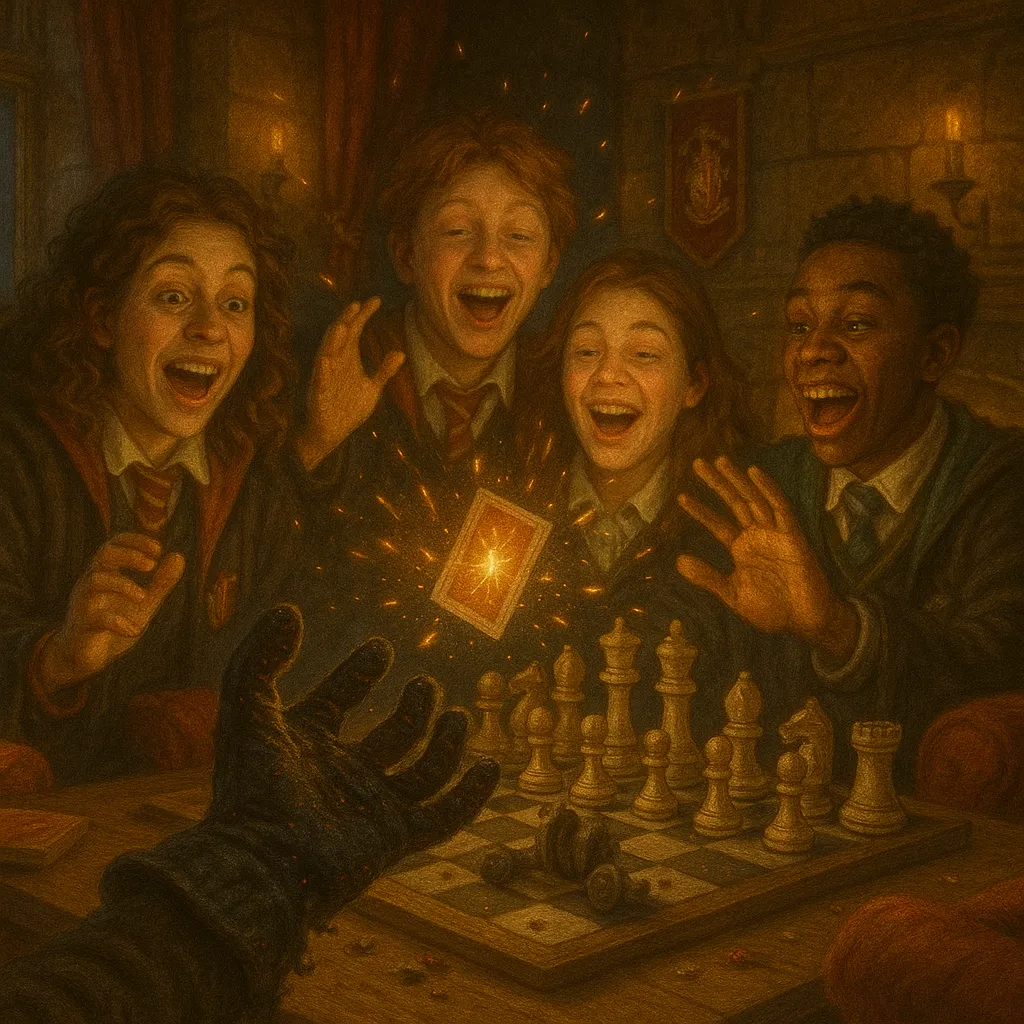 Hogwarts students playing exploding snap as cards burst with magical sparks.