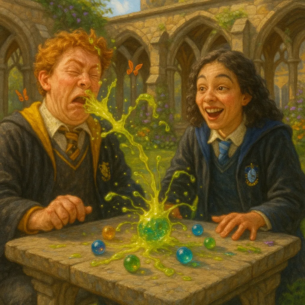 Hufflepuff and Ravenclaw students playing Gobstones in the Hogwarts courtyard.