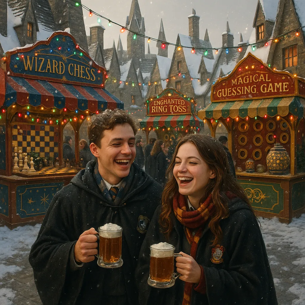 Hogwarts students enjoying magical games during Hogsmeade’s festive game day.