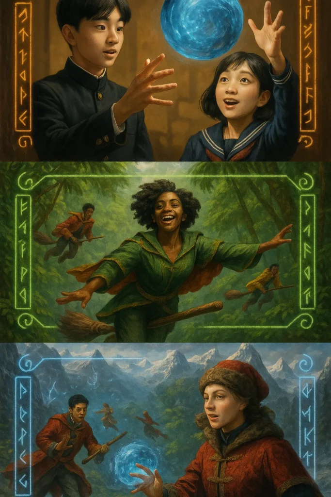 Students from different wizarding schools playing magical games unique to their cultures.