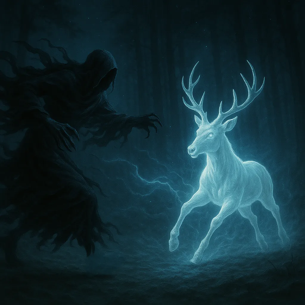 Wizard casting Patronus Charm to repel a Dementor in the wizarding world