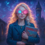 Luna Lovegood in Hogwarts courtyard wearing Spectrespecs with magical creatures