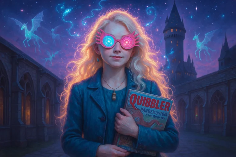 Luna Lovegood in Hogwarts courtyard wearing Spectrespecs with magical creatures